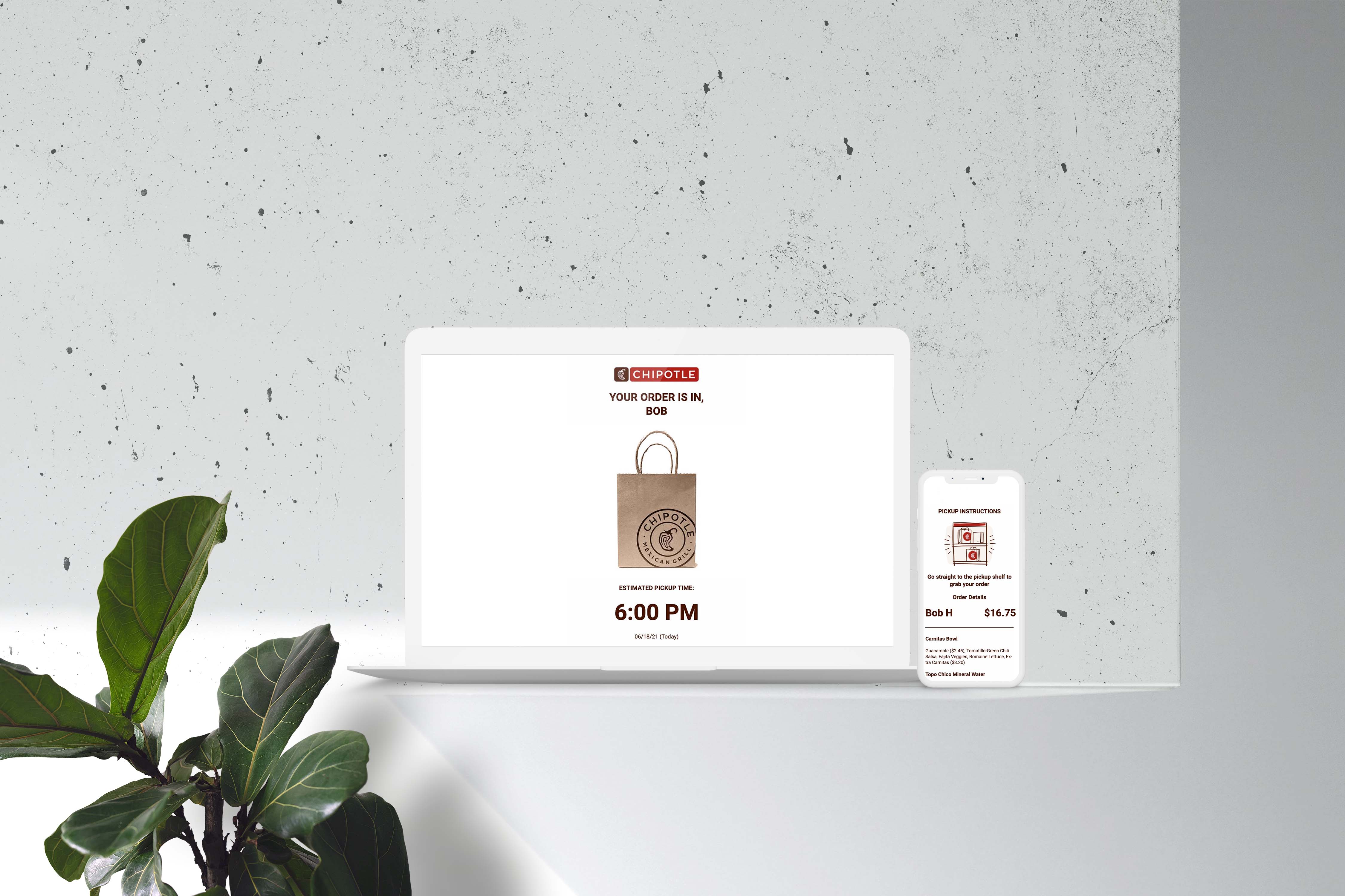 Photo of the Chipotle transactional email displayed on a laptop and a mobile phone.